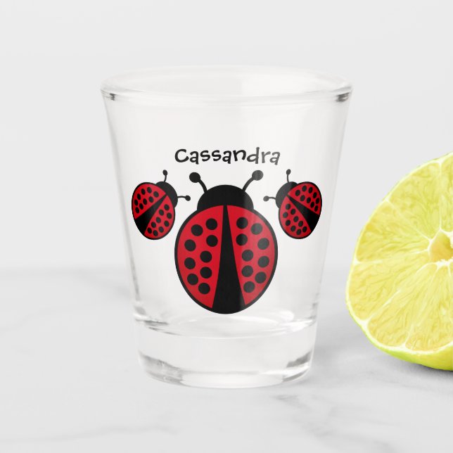 Cute ladybugs with your name shot glass (Front)