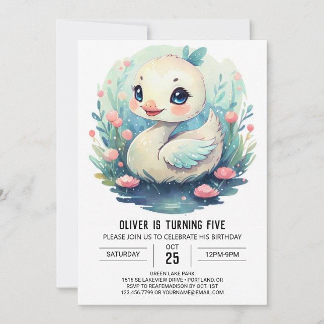 Cute Lake Swan Bird Birthday Invitation (Front)
