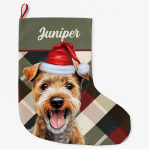 Cute Lakeland Terrier Holiday Plaid Custom Large Christmas Stocking