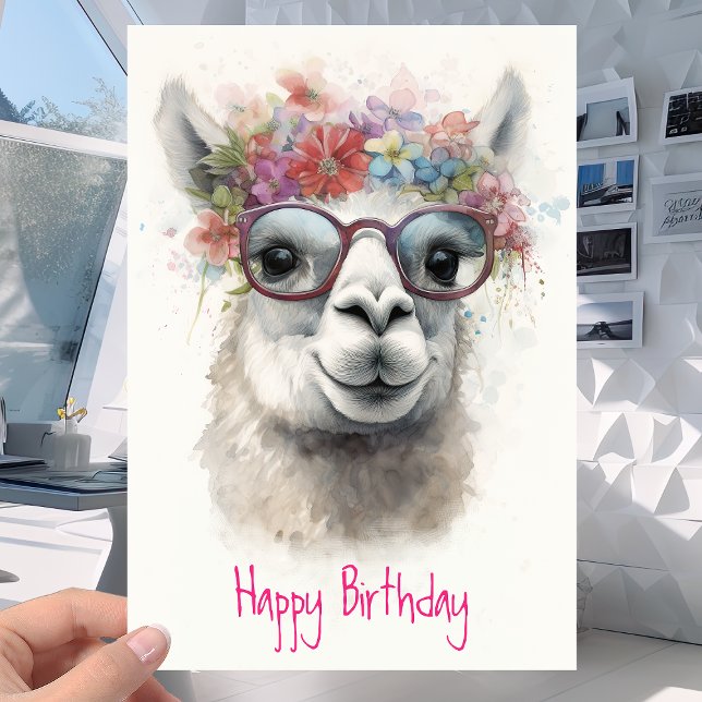 Cute Lama in Glasses and Flowers - Funny Birthday Card (Creator Uploaded)