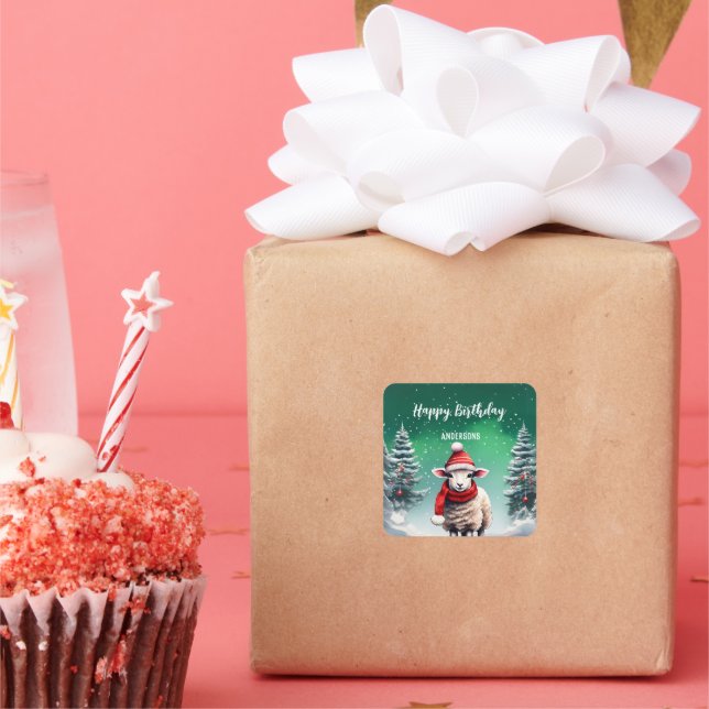 Cute Lama sheep Christmas tree birthday girl party Square Sticker (Party)