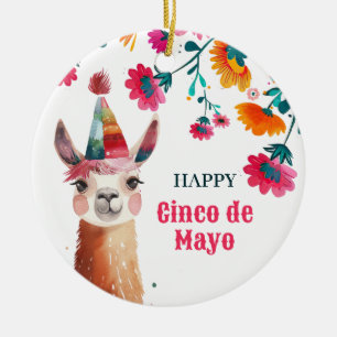 Cute Lama Watercolor Floral Cinco de Mayo Photo Ceramic Ornament