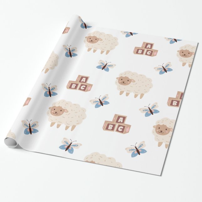 Cute Lamb and butterfly baby shower  Wrapping Paper (Unrolled)
