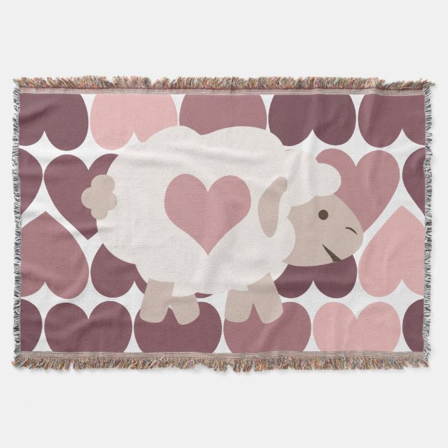 Cute lamb and pink hearts throw blanket (Front)