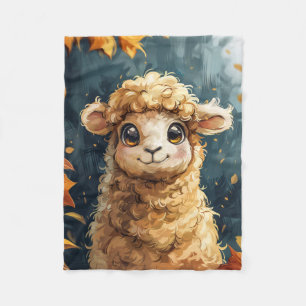 Cute Lamb Autumn Leaves Illustration Fleece Blanket