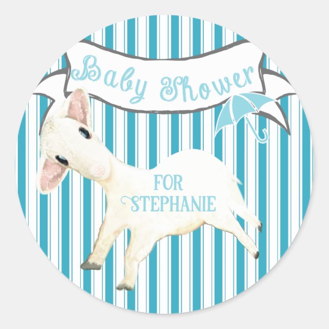 Cute Lamb Baby Boy Shower Mom to be's Name Classic Round Sticker (Front)