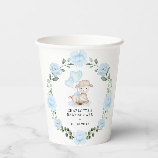 Cute Lamb Baby Sheep Blue Floral Greenery Wreath Paper Cups (Back)
