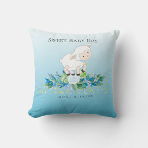 Cute Lamb Blue Floral Boy Baby DOB Throw Pillow