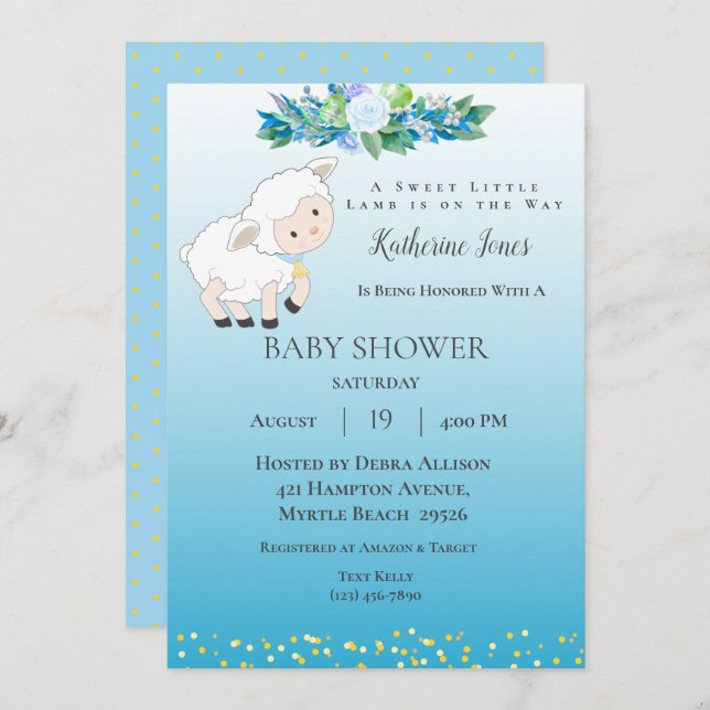 Cute Lamb Blue Floral Boy Baby Shower Invitation (Front/Back)