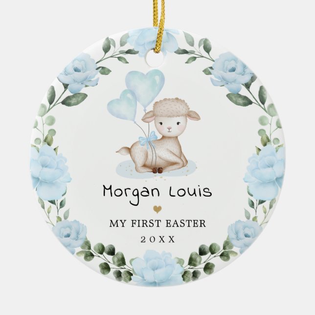 Cute Lamb Blue Floral Wreath Baby First Easter Ceramic Ornament (Front)
