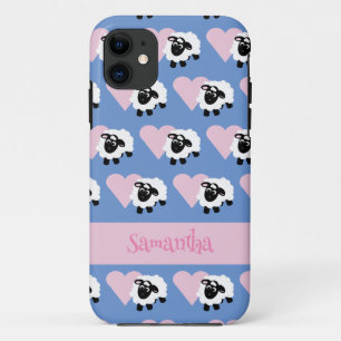Cute Lamb Cartoon Pink Heart Pattern Blue iPhone 11 Case