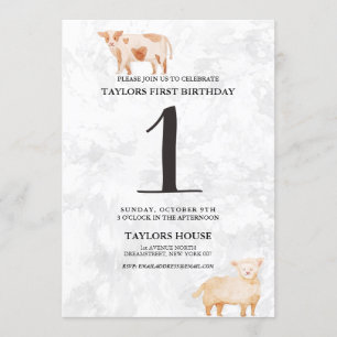 Cute Lamb & Cow Barn animals 1st Birthday Party Invitation