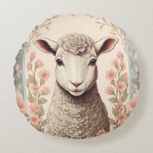 Cute Lamb Delicate Pastel Floral Round Pillow