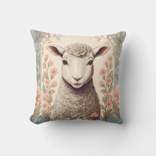 Cute Lamb Delicate Pastel Floral Throw Pillow