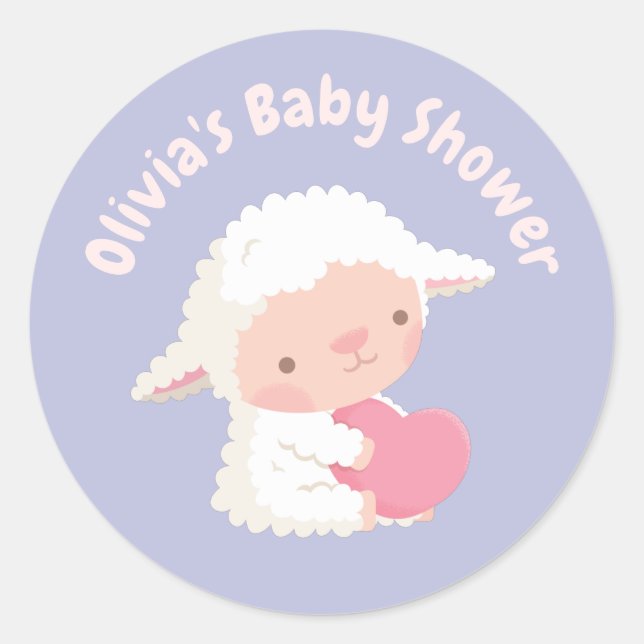 Cute Lamb Hugging Heart Baby Shower Decor Classic Round Sticker (Front)