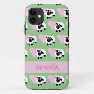 Cute Lamb Pink Heart Pattern Green iPhone 11 Case