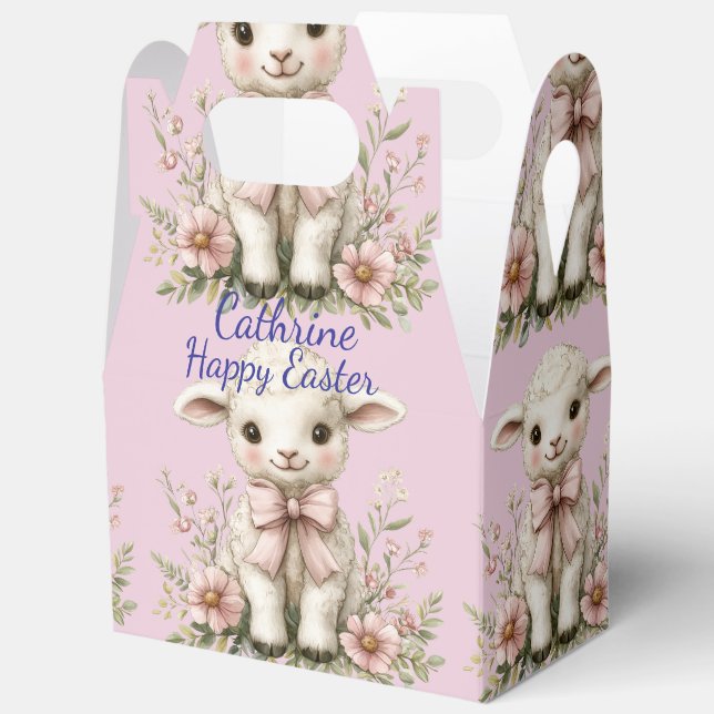 Cute Lamb Pink Ribbon Spring Flowers Favor Box (Open)