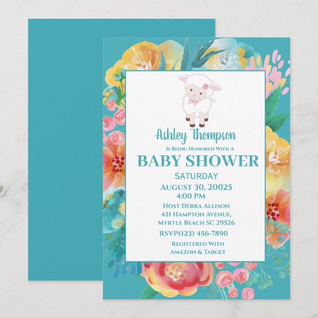 Cute Lamb Teal Blue Floral Baby Shower Invitation (Front/Back)