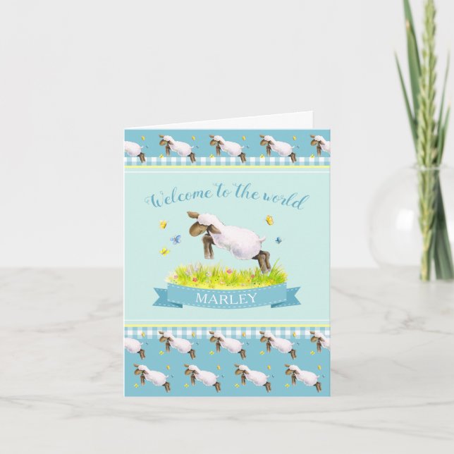 Cute lamb welcome to the world aqua new baby card (Front)