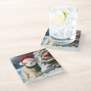 Cute lamb with a scarf and a Santa hat Glass Coaster