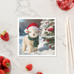 Cute lamb with a scarf and a Santa hat Napkin