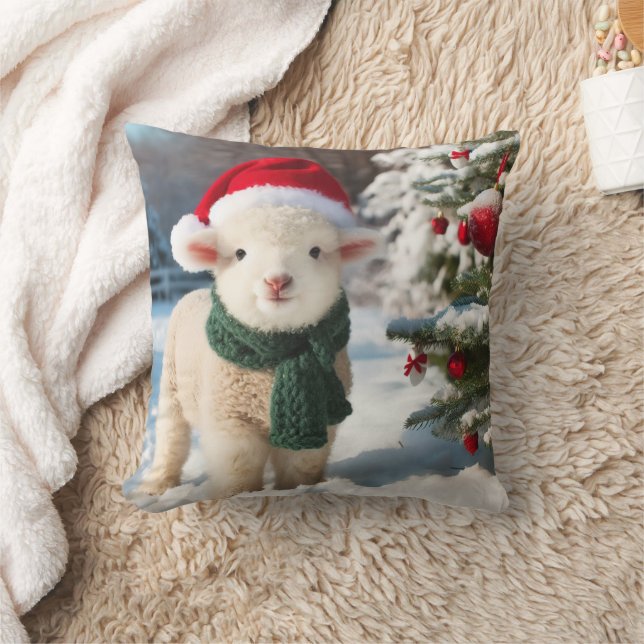 Cute lamb with a scarf and a Santa hat Throw Pillow (Blanket)