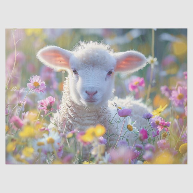 Cute Lamb with Colourful Wildflowers Decoupage Tissue Paper (Front)