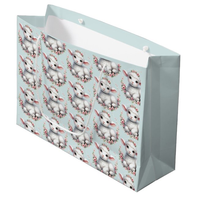 Cute Lamb with Floral Crown Illustration Large Gift Bag (Front Angled)