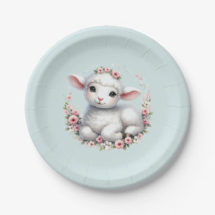 Cute Lamb with Floral Crown Illustration Paper Plate