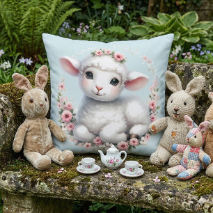 Cute Lamb with Floral Crown Illustration Throw Pillow