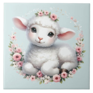Cute Lamb with Floral Crown Illustration Tile