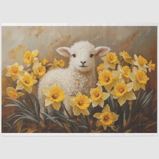 Cute Lamb with Yellow Daffodils Painting Decoupage Tissue Paper (Front)
