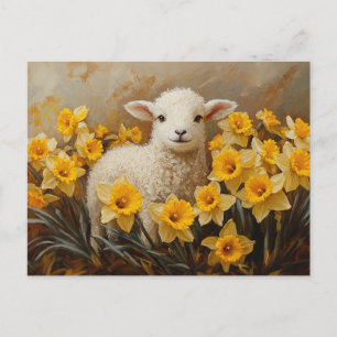 Cute Lamb with Yellow Daffodils Painting Postcard