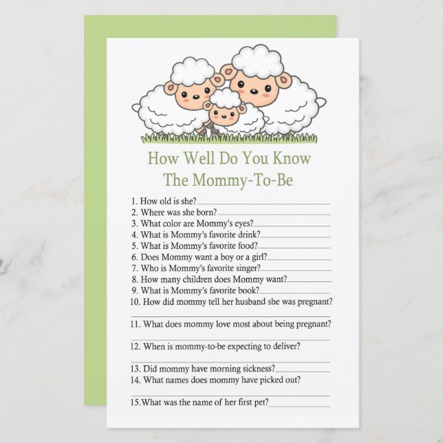 Cute lambs How well do you know baby shower game (Front/Back)