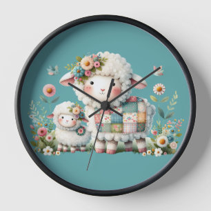 Cute Lambs with Floral and Patchwork Accents Clock