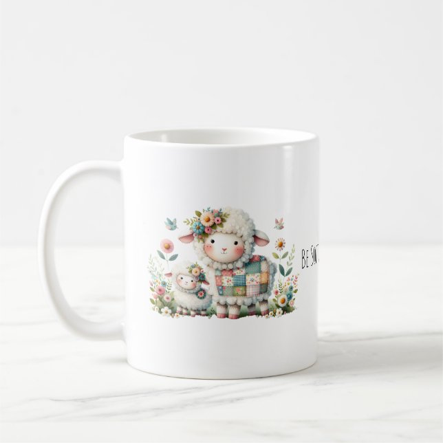 Cute Lambs with Floral and Patchwork Accents Coffee Mug (Left)