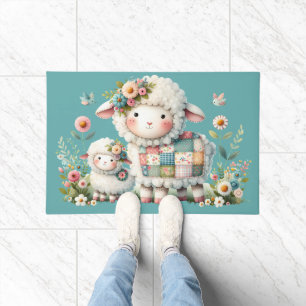 Cute Lambs with Floral and Patchwork Accents Doormat