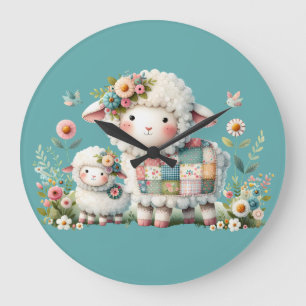 Cute Lambs with Floral and Patchwork Accents Large Clock