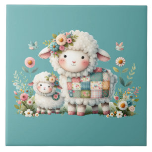 Cute Lambs with Floral and Patchwork Accents Tile