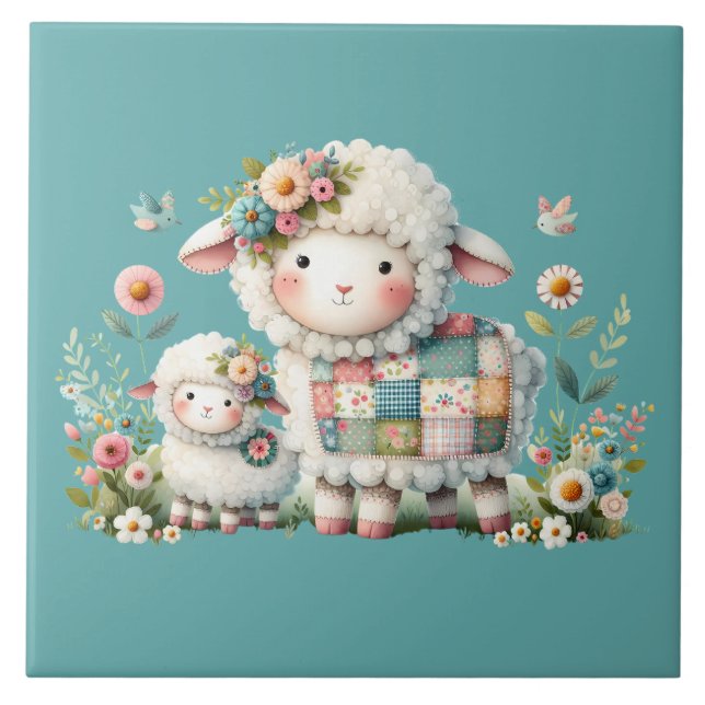 Cute Lambs with Floral and Patchwork Accents Tile (Front)