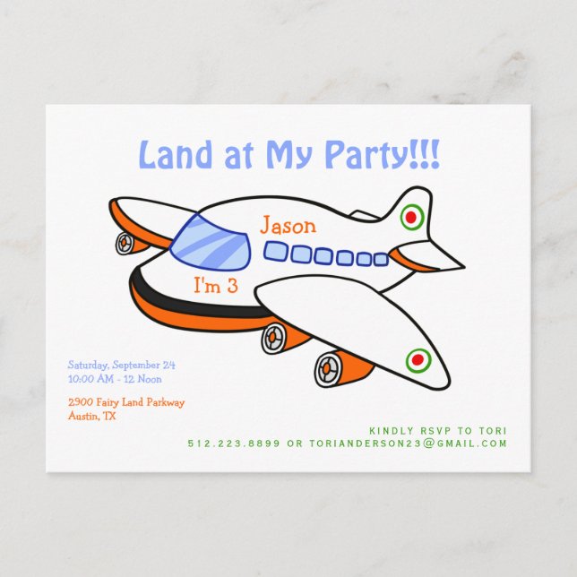 Cute Land at My Party Airplane Invitation Postcard (Front)