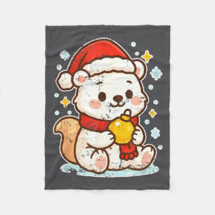 Cute Lar Bear Winter With Santa Hat Fleece Blanket