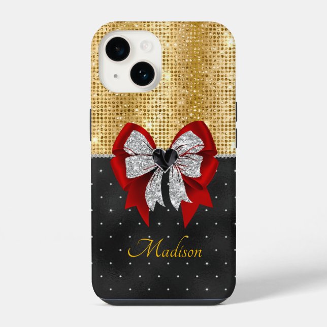 Cute large red glittery silver bow tie monogram iPhone case (Back)