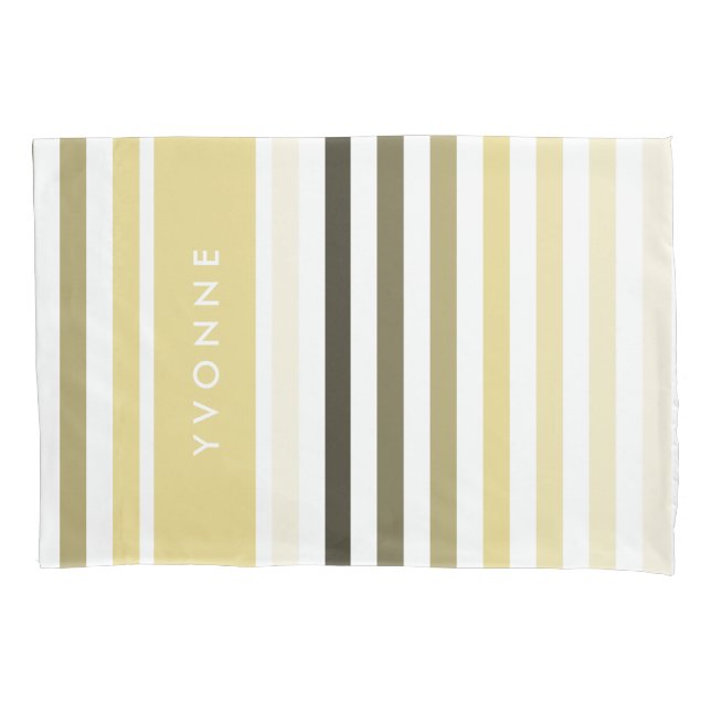 Cute Large Soft Yellow Stripes Pattern With Name Pillowcase (Front)