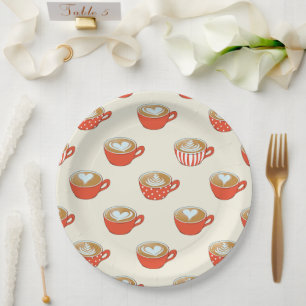 Cute Latte Art in Red Coffee Mugs Pattern Paper Plate