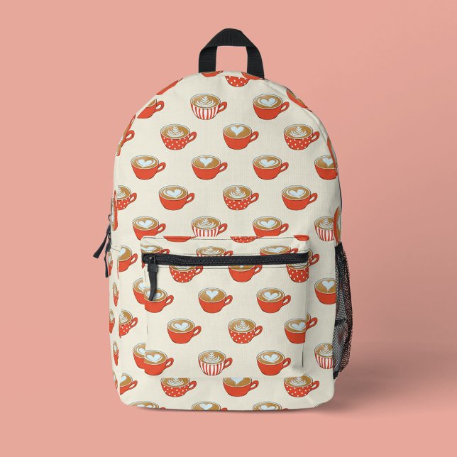 Cute Latte Art in Red Coffee Mugs Pattern Printed Backpack (Red Latte Art Pattern Backpack)