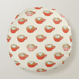 Cute Latte Art in Red Coffee Mugs Pattern Round Pillow