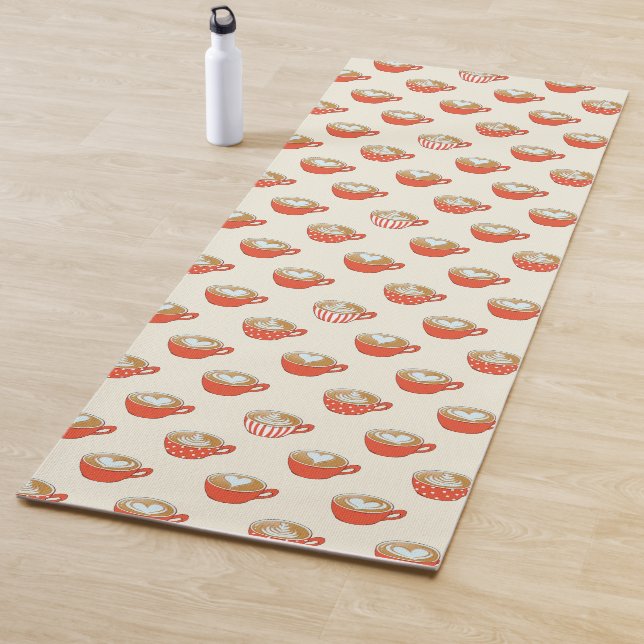 Cute Latte Art in Red Coffee Mugs Pattern Yoga Mat (In Situ)