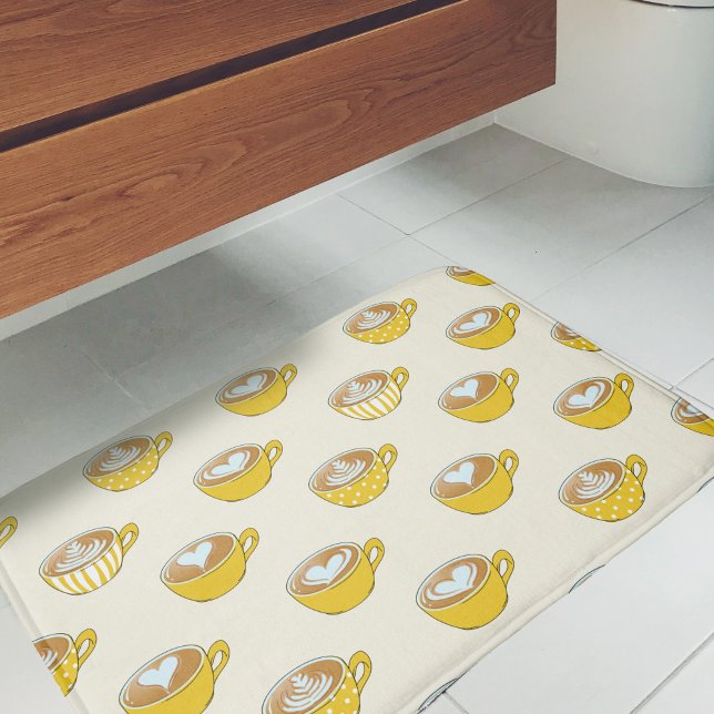Cute Latte Art in Yellow Coffee Mugs Pattern Bath Mat (Yellow Latte Art Bath Mat)