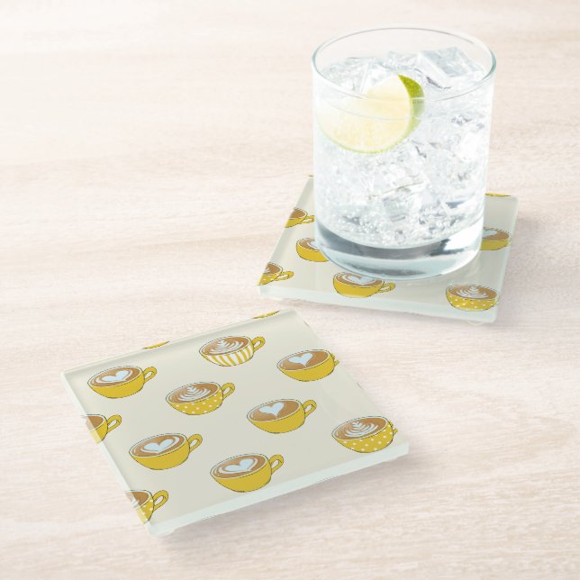 Cute Latte Art in Yellow Coffee Mugs Pattern Glass Coaster (Angled)